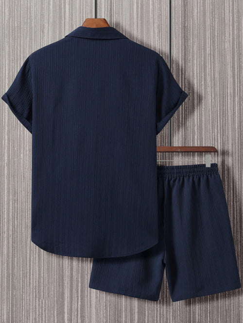 Men's suit (shirt and trousers) with a comfortable fit and simple design, featuring half buttons, suitable for summer.