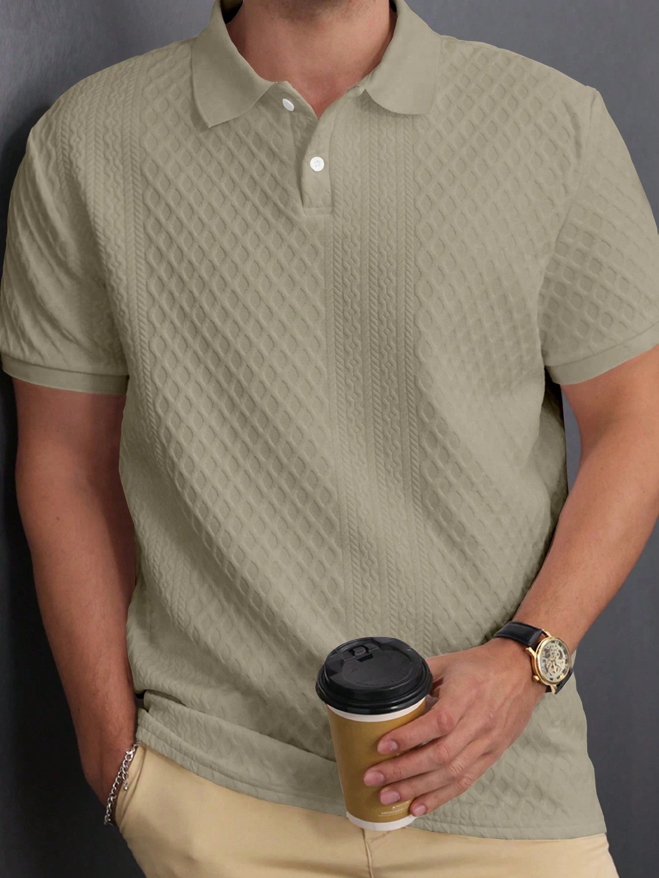 Men's suit (shirt and trousers) with a comfortable fit and simple design, featuring half buttons, suitable for summer.