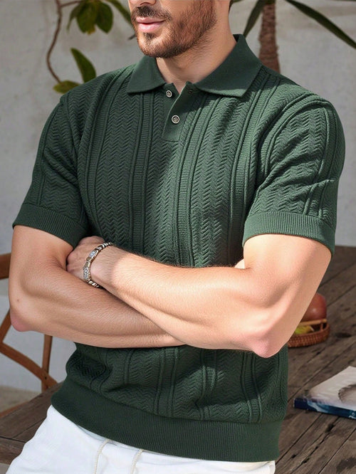 Men's suit (shirt and trousers) with a comfortable fit and simple design, featuring half buttons, suitable for summer.
